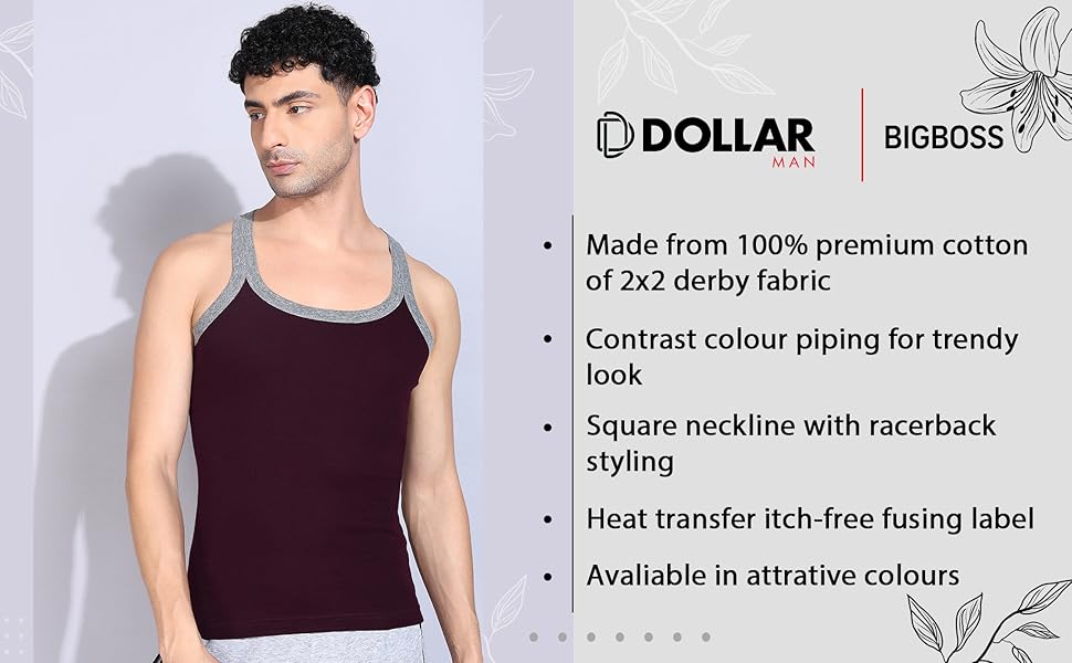 Dollar Bigboss Men's Assorted Solid Combed Cotton Racerback Styled Gym Vest (Colour May Vary) size M to XXL