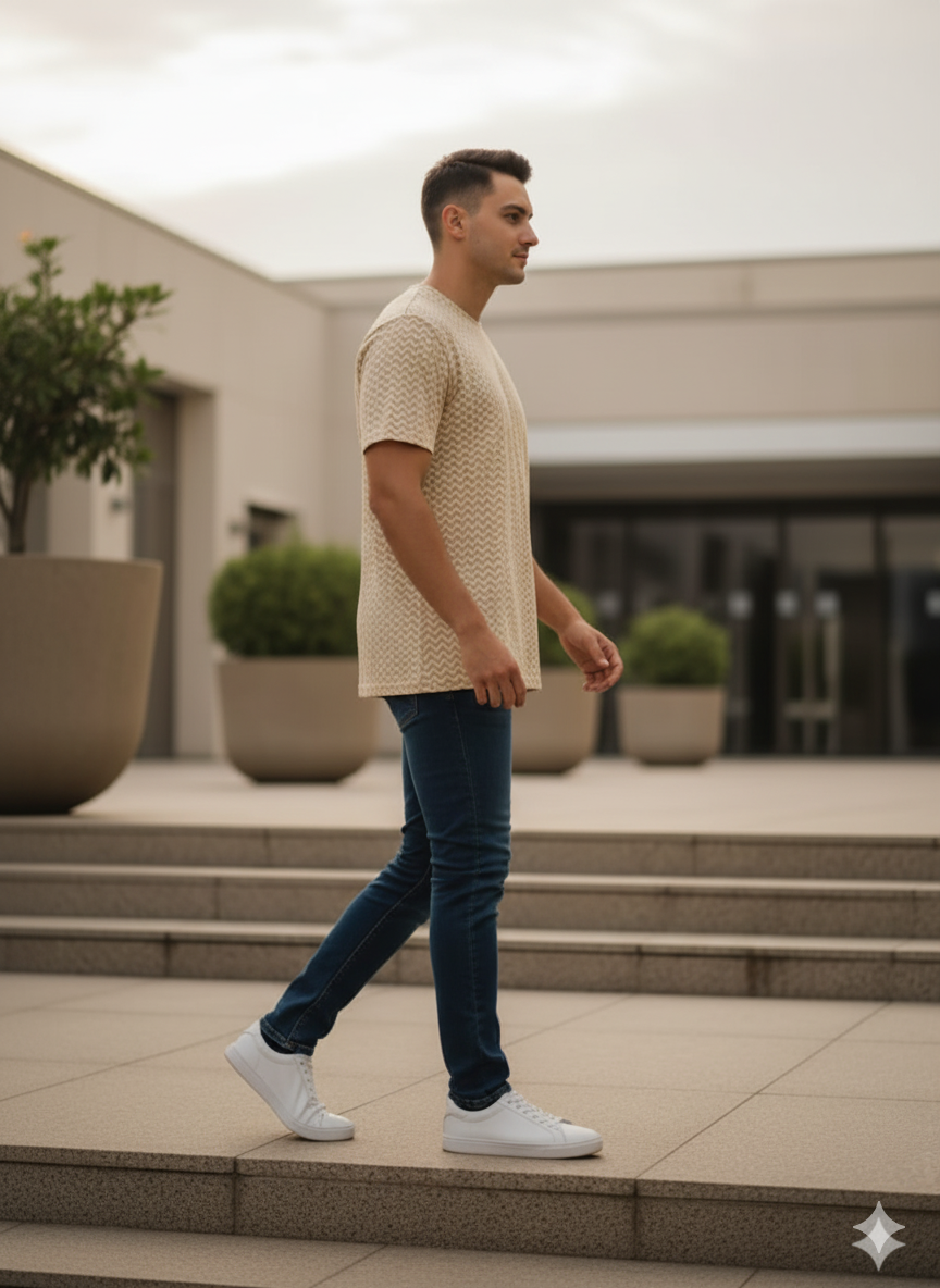 Restrive Brown Zig Zag Stripe T-Shirt | Cotton Blend Lycra Tee