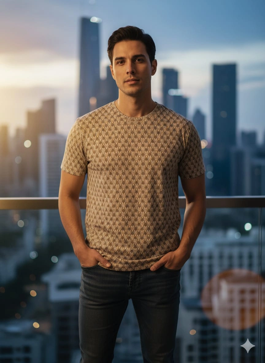 Restrive Men's Brown Diamond Pattern T-Shirt – Cotton Lycra Comfort Fit (L | XL)