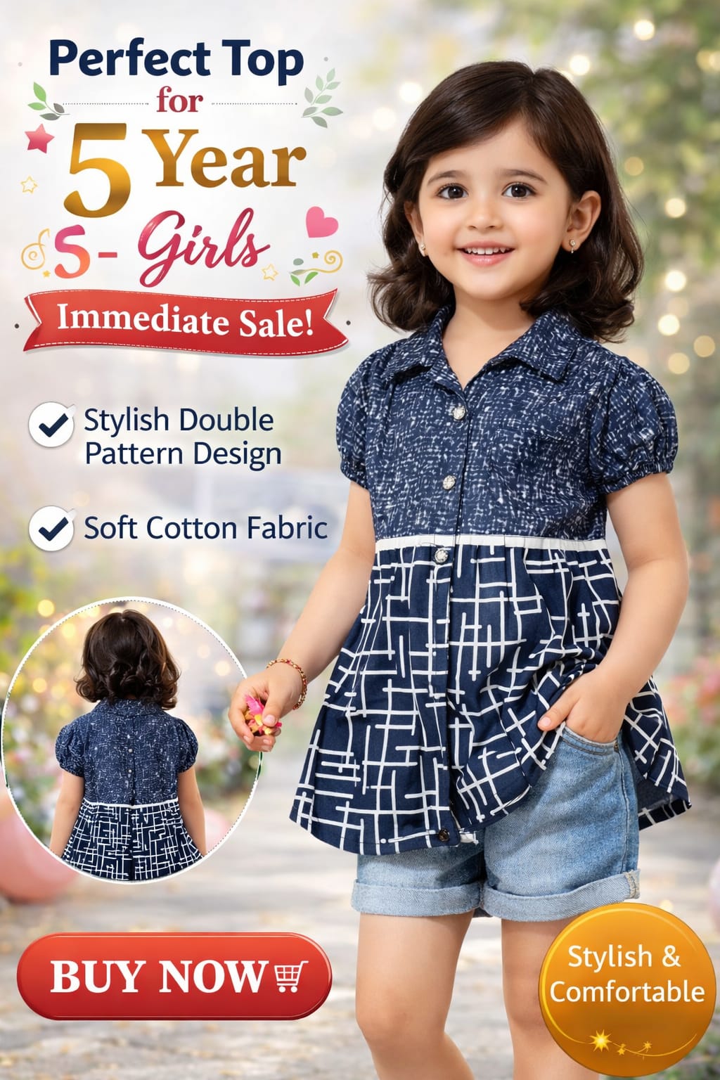 💙 Trendy Navy Printed Girls Top (Age 5 Years)