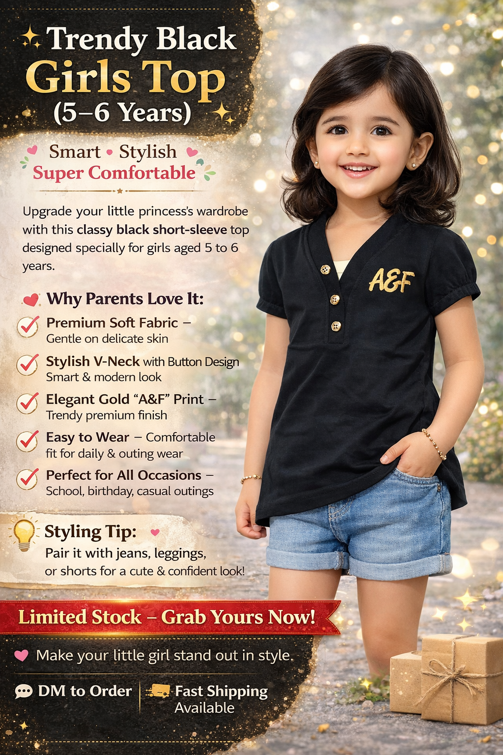 🌟 Trendy Black Girls Top (5–6 Years)